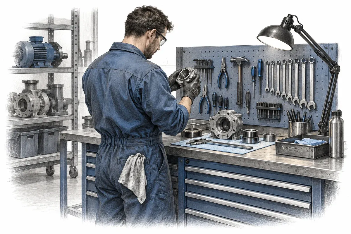 Maintenance technician inspecting a component at a workshop tool cabinet