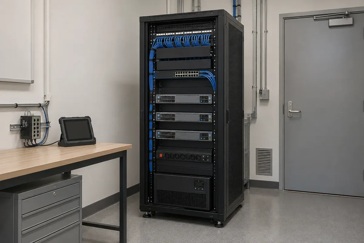 Compact enterprise IT room with a standard server rack, network switch, database storage, industrial edge gateway and rugged field tablet
