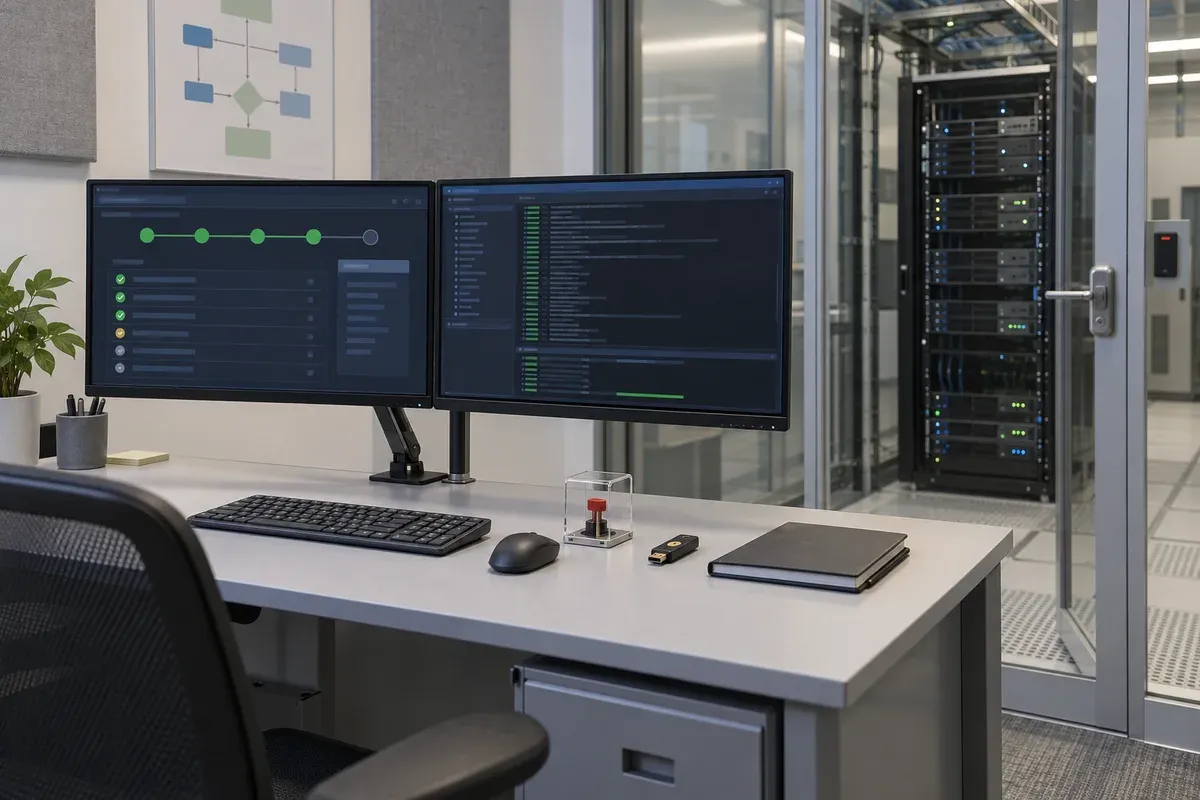 Unoccupied enterprise release workstation with CI monitors, a hardware security key, physical approval switch and locked server rack