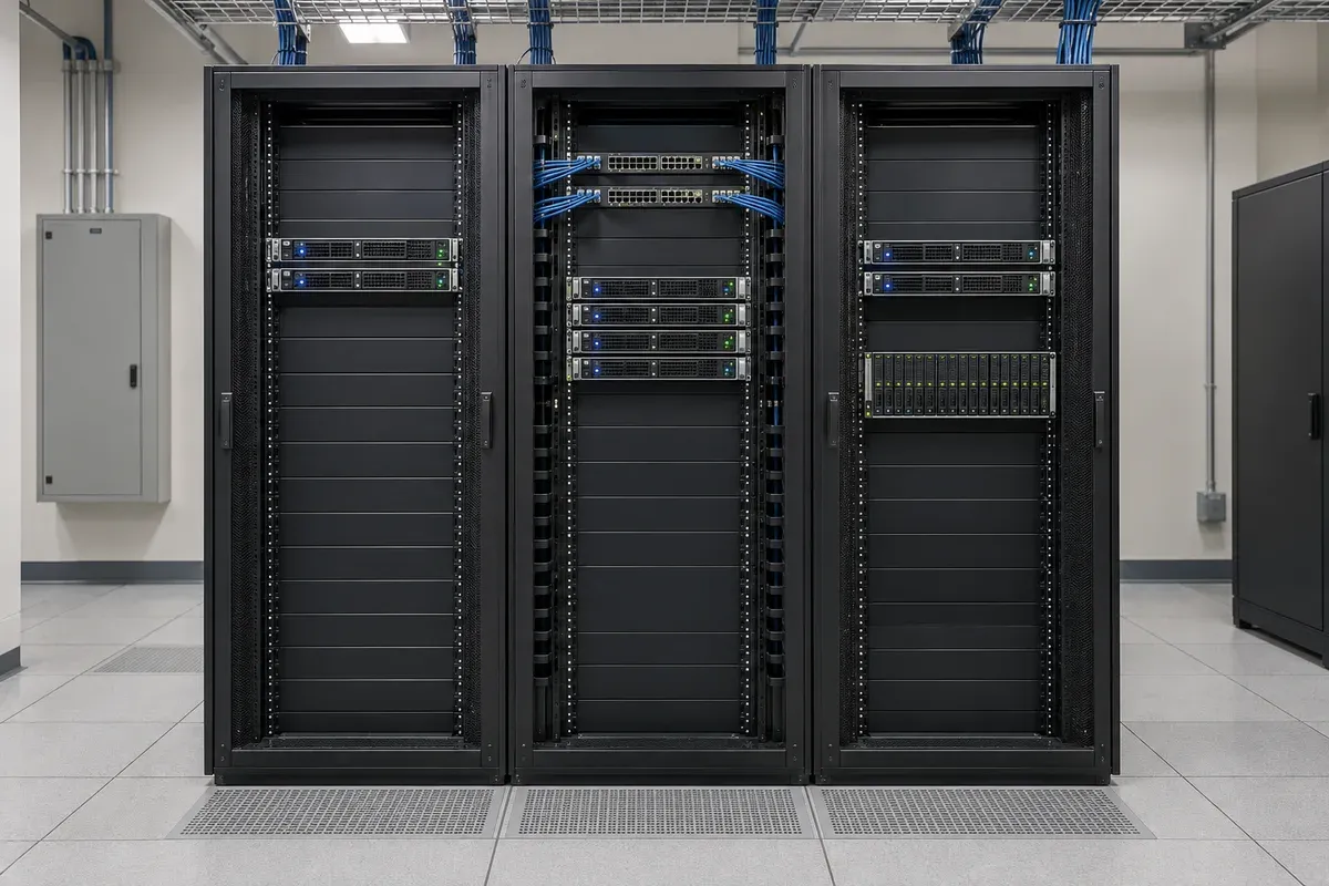 Three standard enterprise server racks with application, network, database and storage hardware plus visible spare capacity