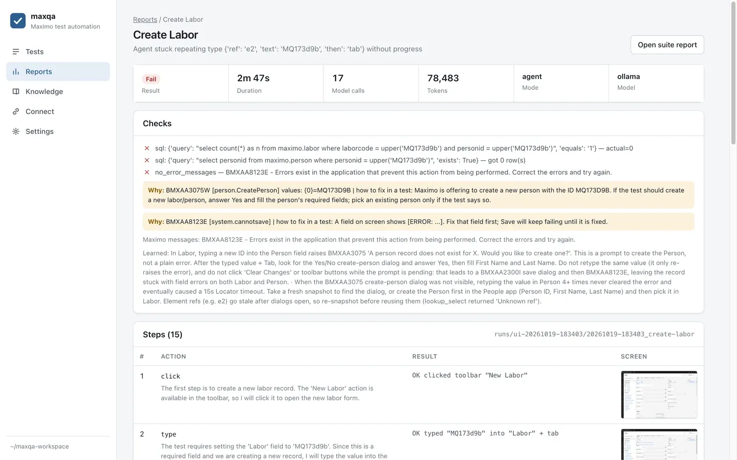 maxqa run report for a failed Create Labor test: three failed SQL and message checks, two Why lines explaining BMXAA3075W person.CreatePerson and BMXAA8123E system.cannotsave, and the lesson learned from the run.