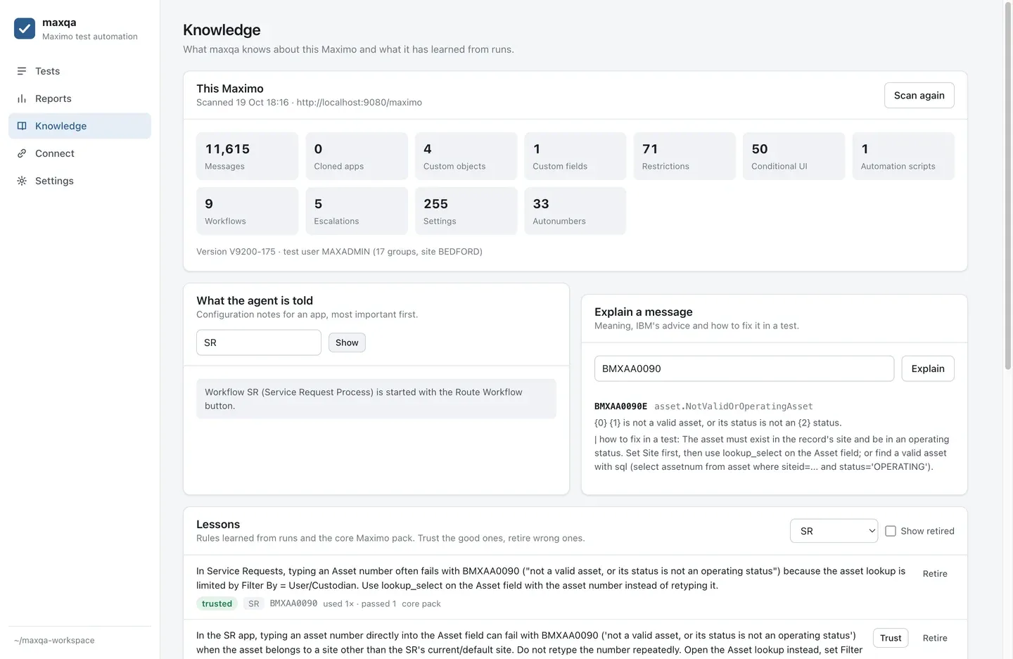 maxqa Knowledge screen: an estate scan summary with counts of messages, custom objects, restrictions, conditional UI, workflows and escalations; configuration notes for the SR app; an explanation of BMXAA0090E; and the SR lessons with trusted and candidate states.