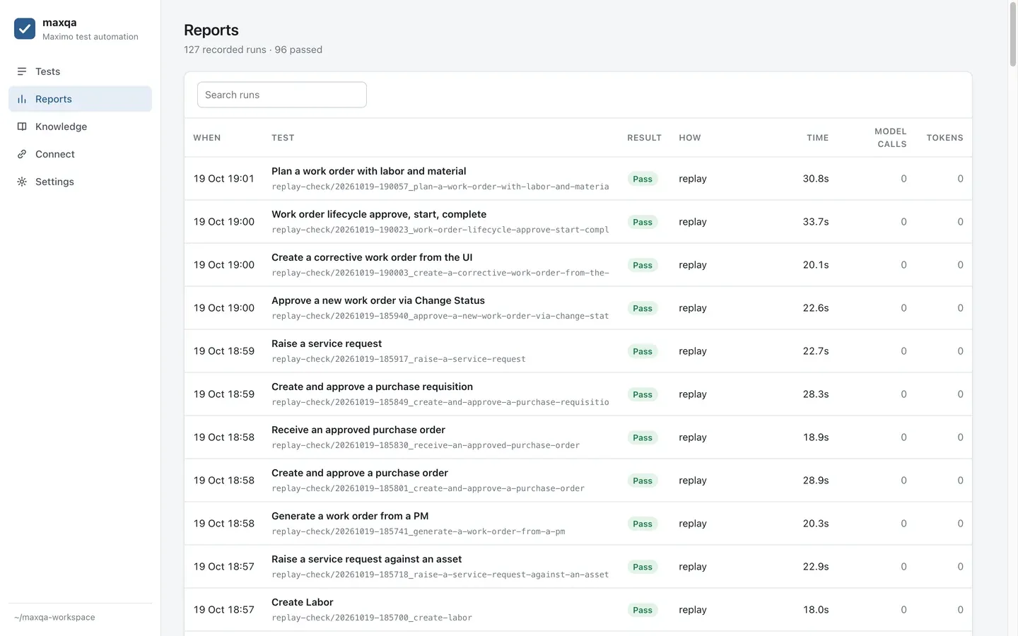 maxqa Reports screen listing eleven replay runs, all passed, each between 18 and 34 seconds, with zero model calls and zero tokens.