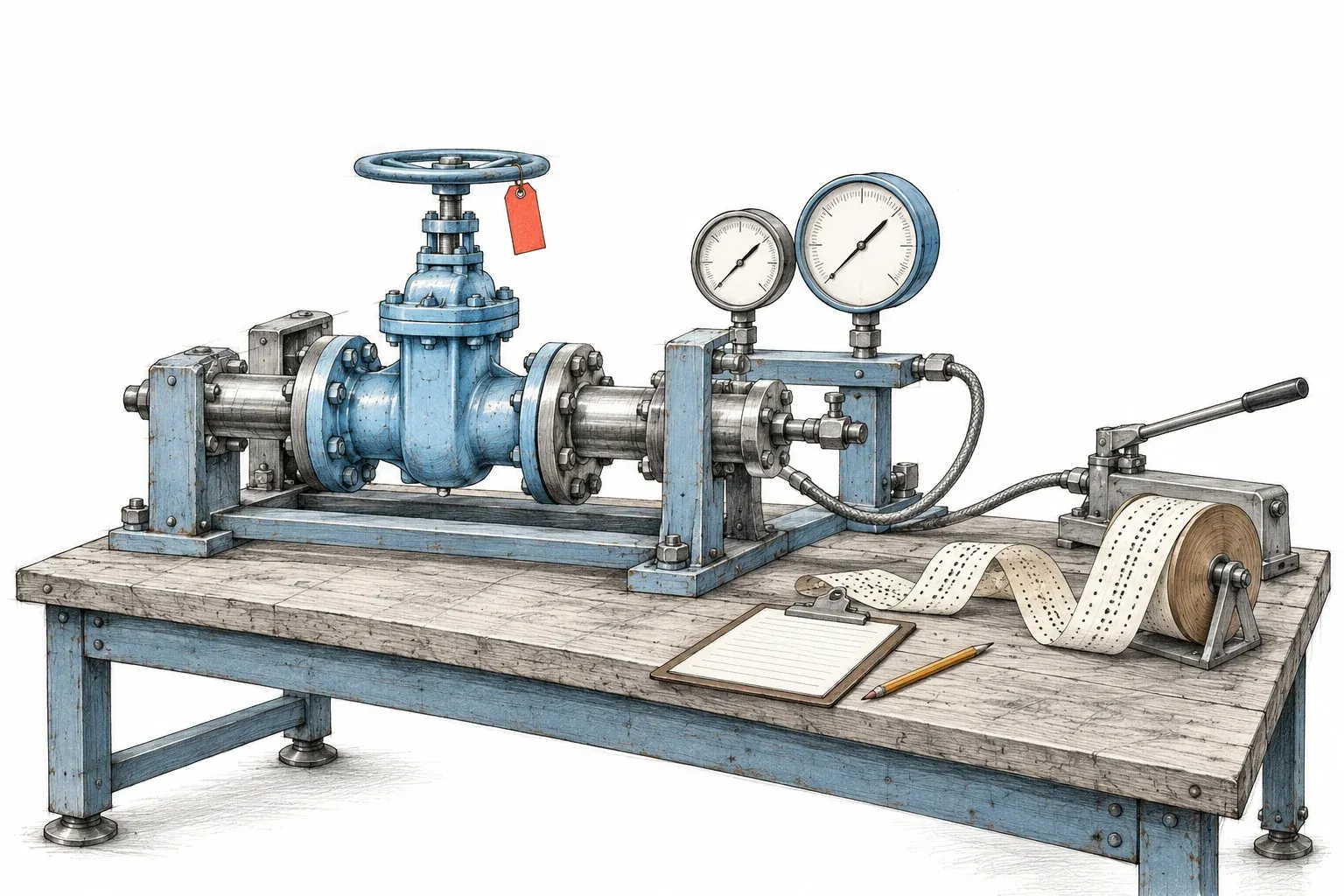 Graphite and ink drawing of an unattended valve test bench: a blue gate valve clamped in a pressure test stand, two gauges reading the same, a hand pump, and punched paper tape unrolling beside a clipboard.