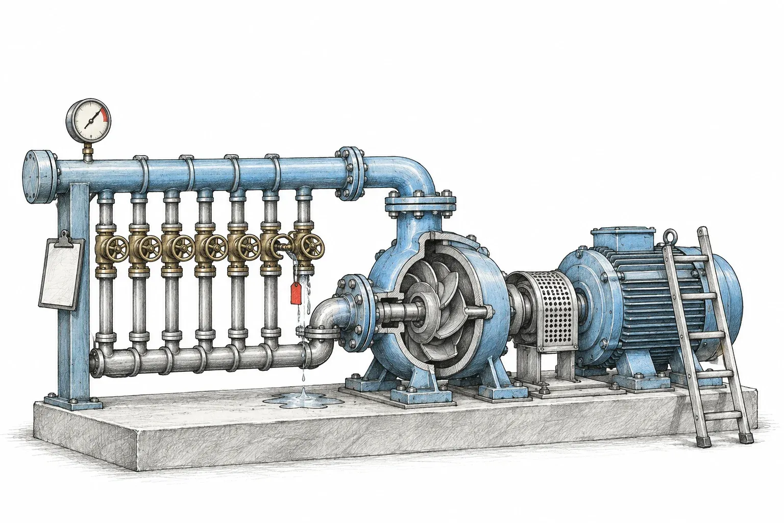 Graphite and ink cutaway of an industrial pump room: one pump fed by a manifold of valves, one valve dripping, the pressure gauge high.