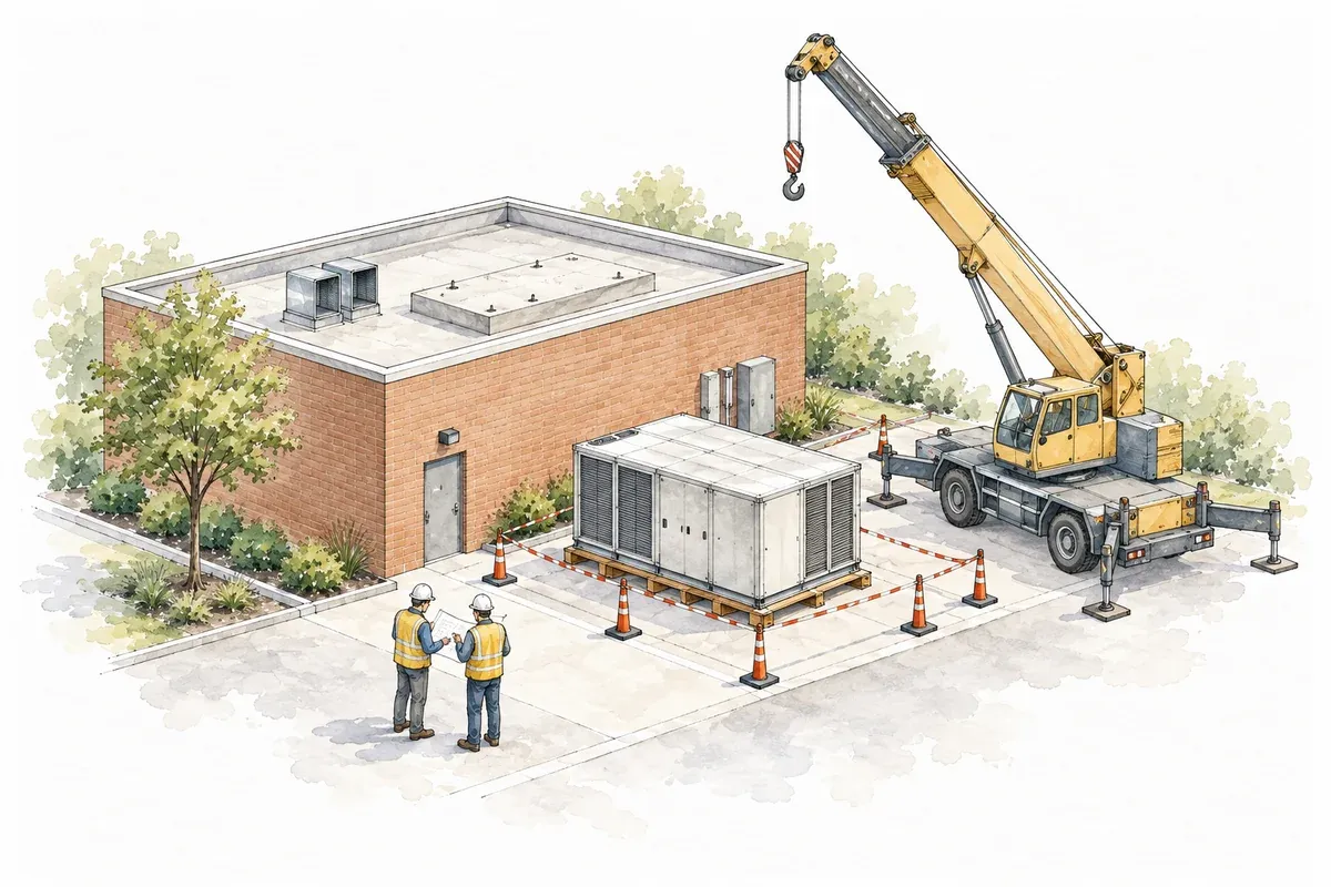Ink and watercolor illustration of a planned building-services replacement with staged equipment, a mobile crane and site coordinators