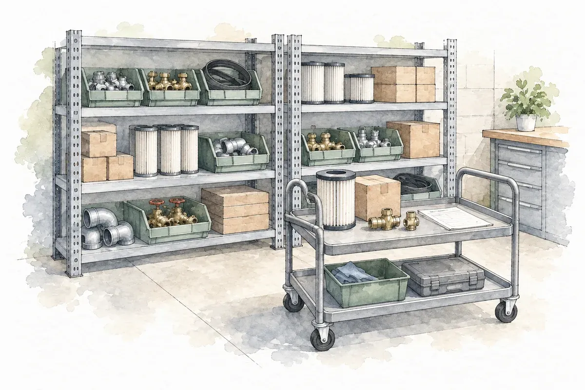 Ink and watercolor illustration of a maintenance storeroom with organized spare parts and a prepared job kit on a cart