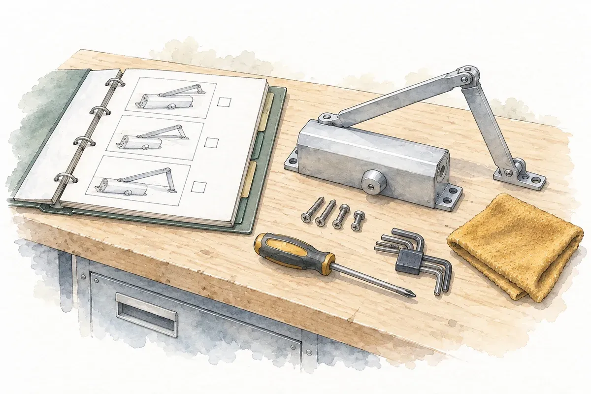 Ink and watercolor illustration of a door-closer service workbench with ordered tools, components and a procedure binder