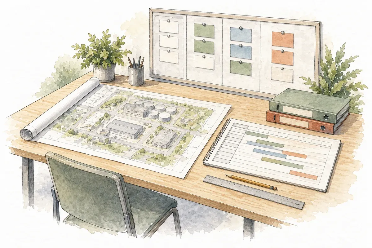 Ink and watercolor illustration of a planning desk with a site plan, work folders and a physical schedule board