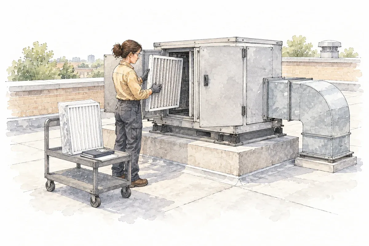 Ink and watercolor illustration of a technician replacing a filter in a rooftop ventilation unit