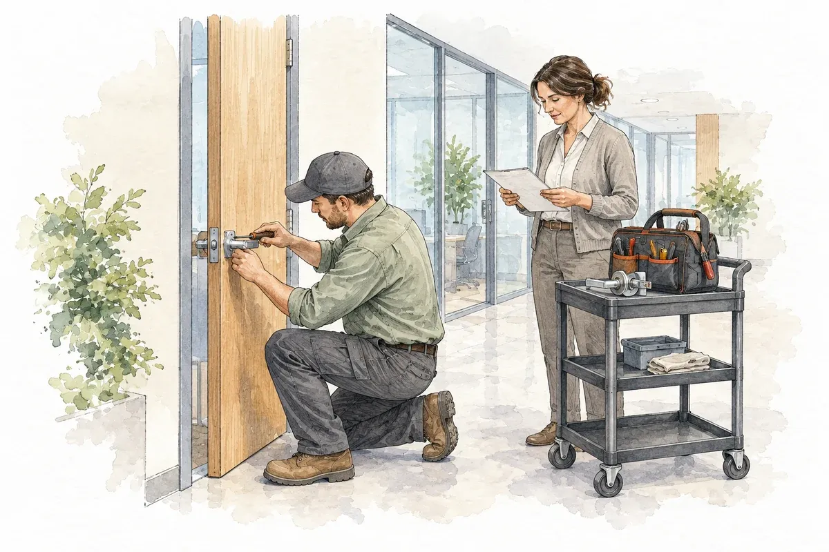 Ink and watercolor illustration of a technician repairing a commercial door while a supervisor reviews the work record