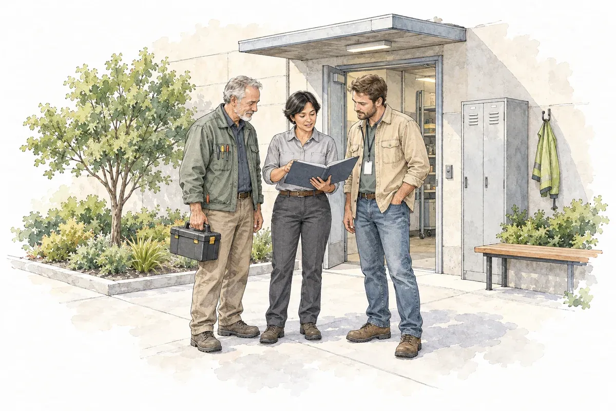 Ink and watercolor illustration of a facilities lead, electrician and contractor reviewing a shared job brief
