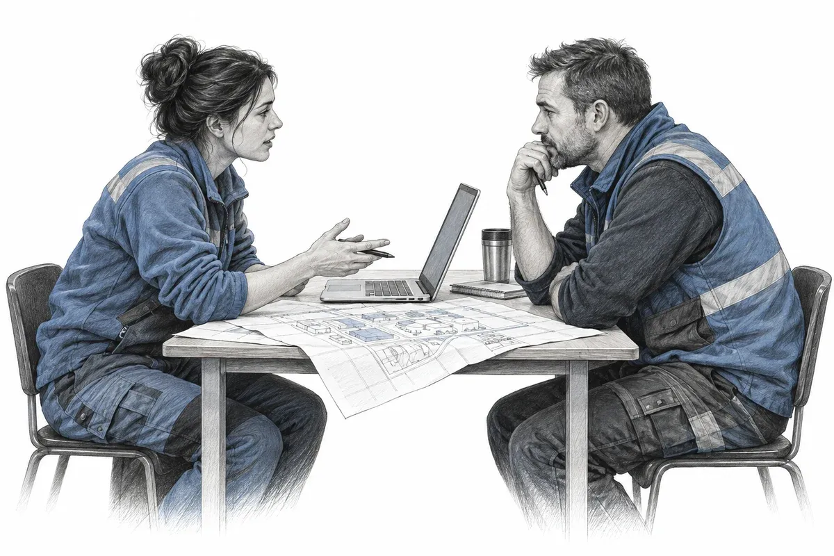 Two maintenance planners discussing requirements over a laptop and site plan