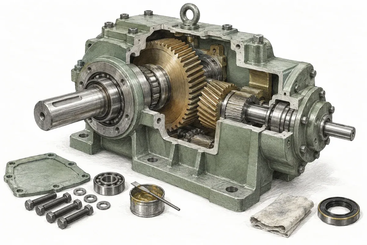 Cutaway gearbox with bronze gears and a sage-green housing