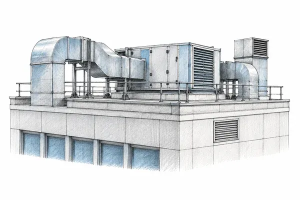 Facilities equipment illustrated in ink and blue