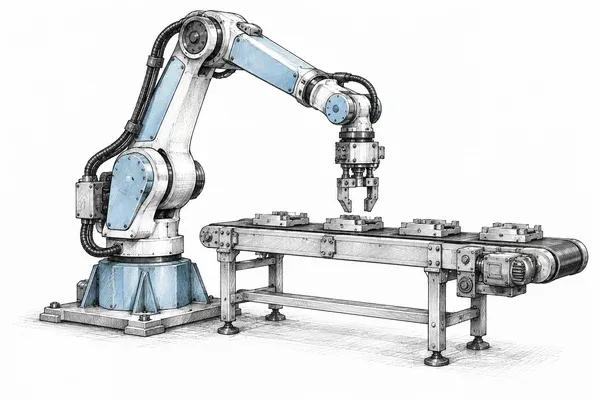 Manufacturing equipment illustrated in ink and blue