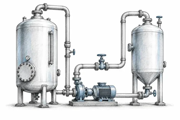 Process industries equipment illustrated in ink and blue