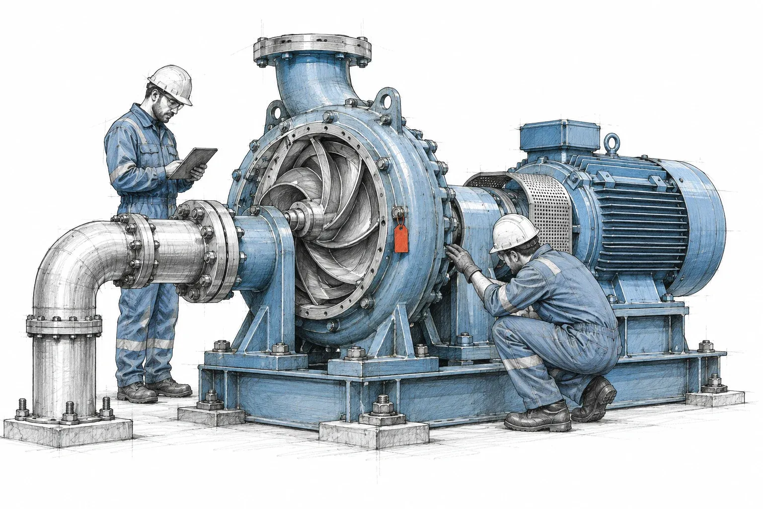 Graphite and blue illustration of maintenance engineers inspecting an industrial pump and motor