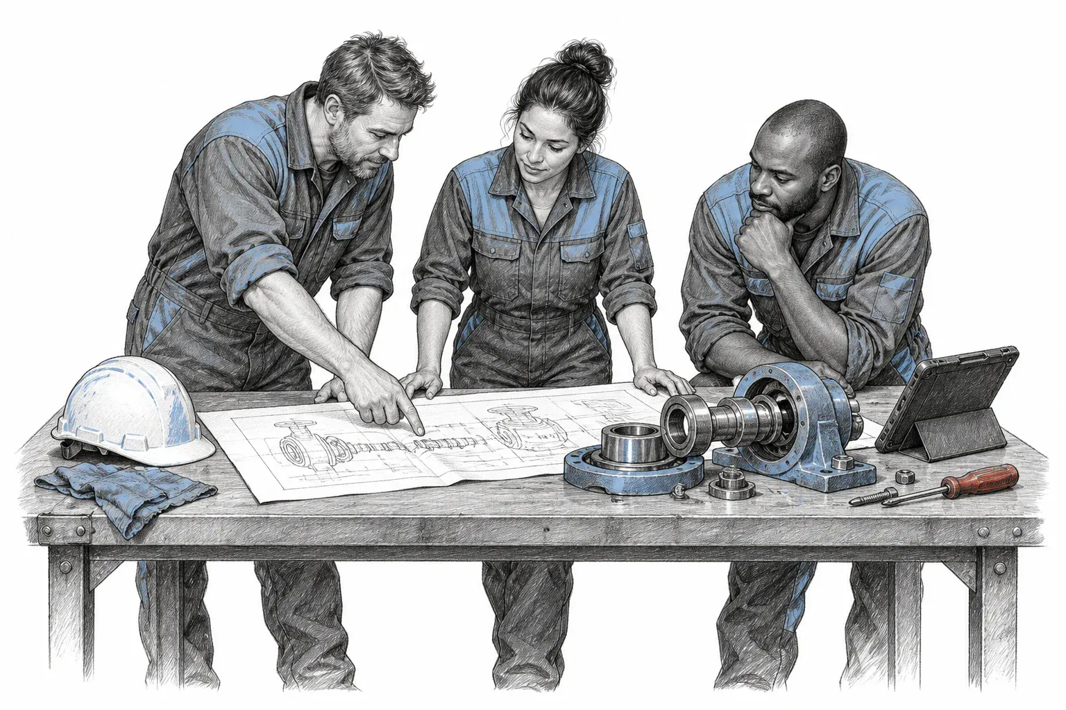 Maintenance professionals reviewing a plan and a bearing assembly at a workbench