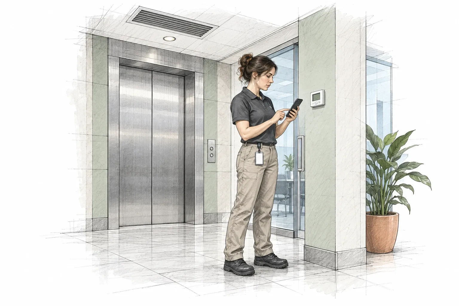 Graphite illustration of a facilities technician using a smartphone in an office lift lobby, beside room controls, lighting and ventilation