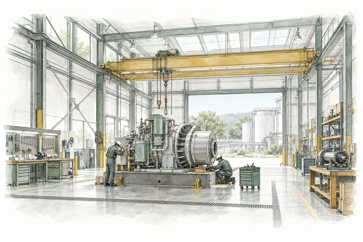Architectural illustration of an organized industrial maintenance bay