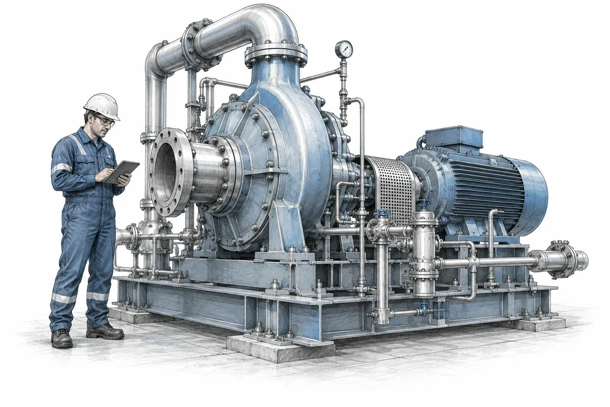 Maintenance engineer reviewing a skid-mounted industrial compressor