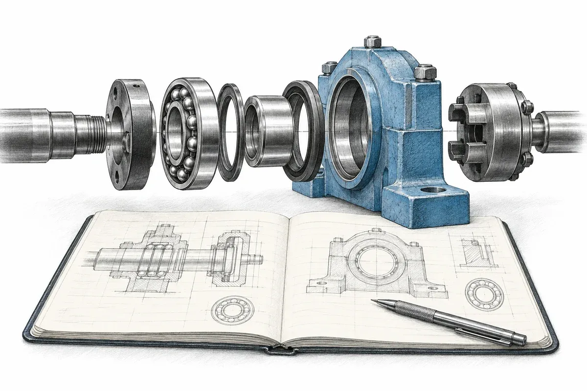 Exploded bearing and shaft assembly beside an inspection notebook