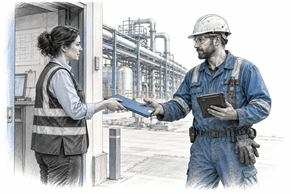 Planner handing a work folder to a field technician at a factory doorway