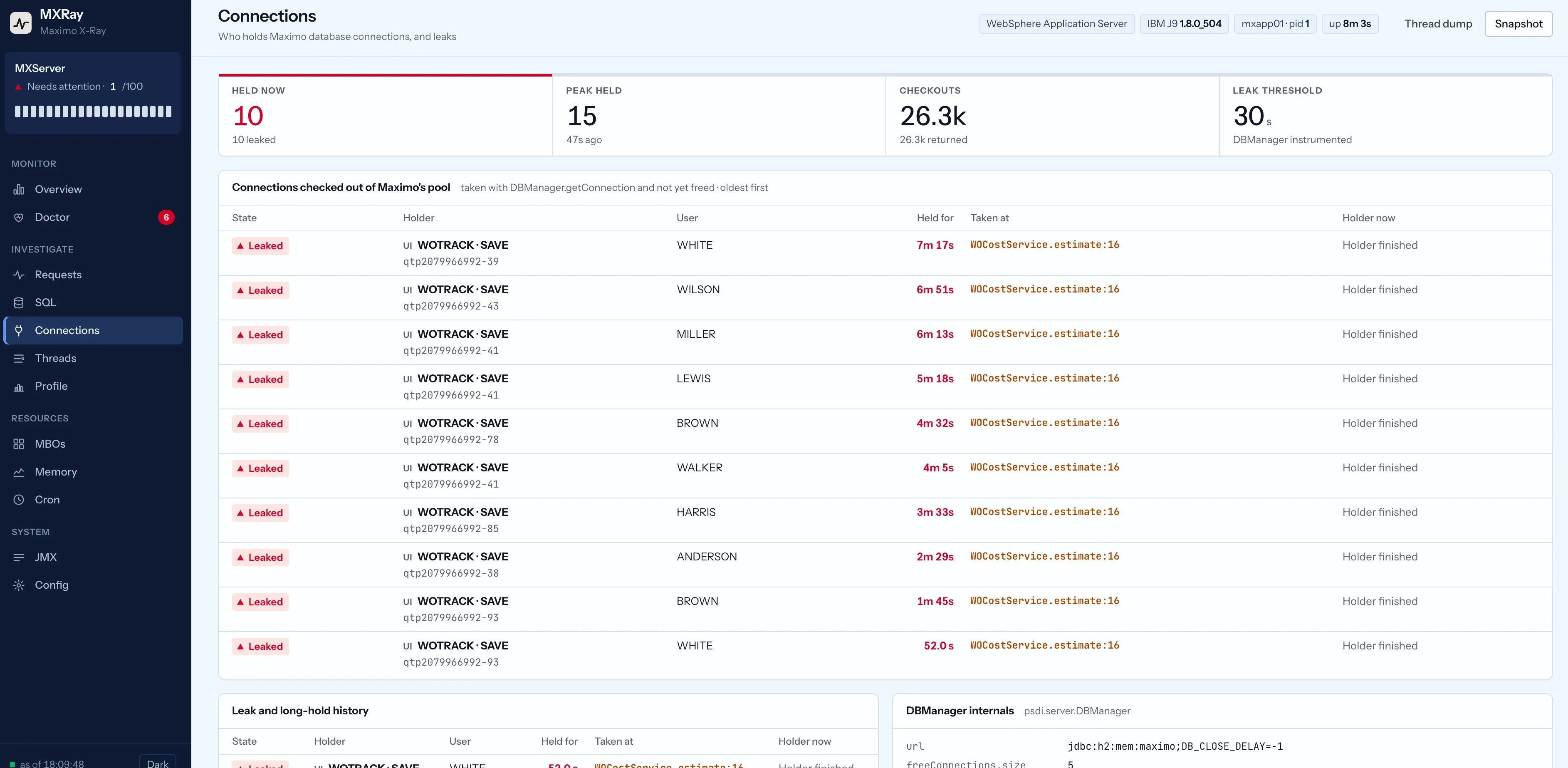 MXRay Connections screen listing leaked connections, each with the Maximo action, the user, how long it has been held and the custom class and line that took it.