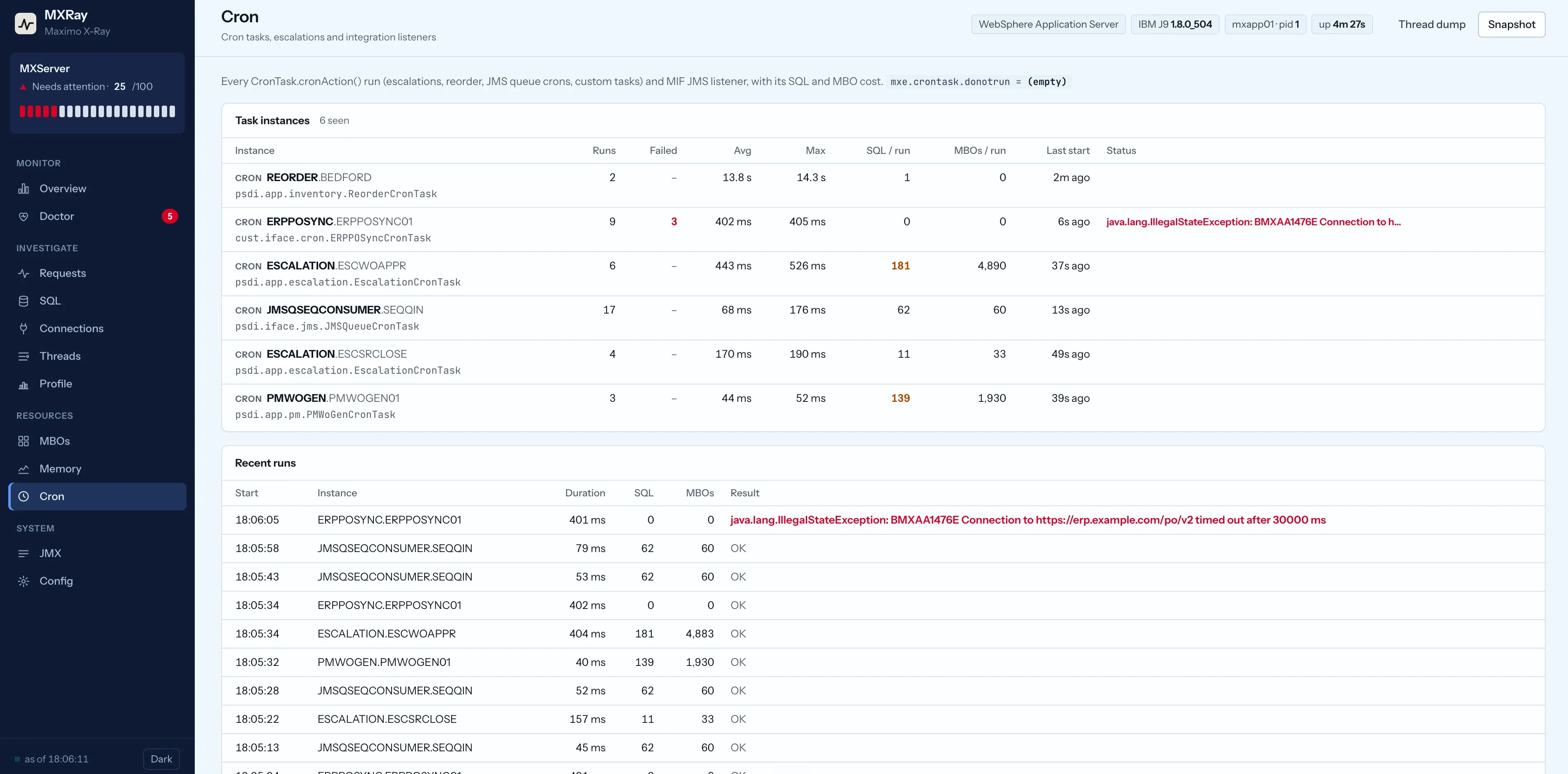 MXRay Cron screen listing task instances with runs, failures, durations, SQL and MBOs per run, and a custom task failing against an external endpoint.