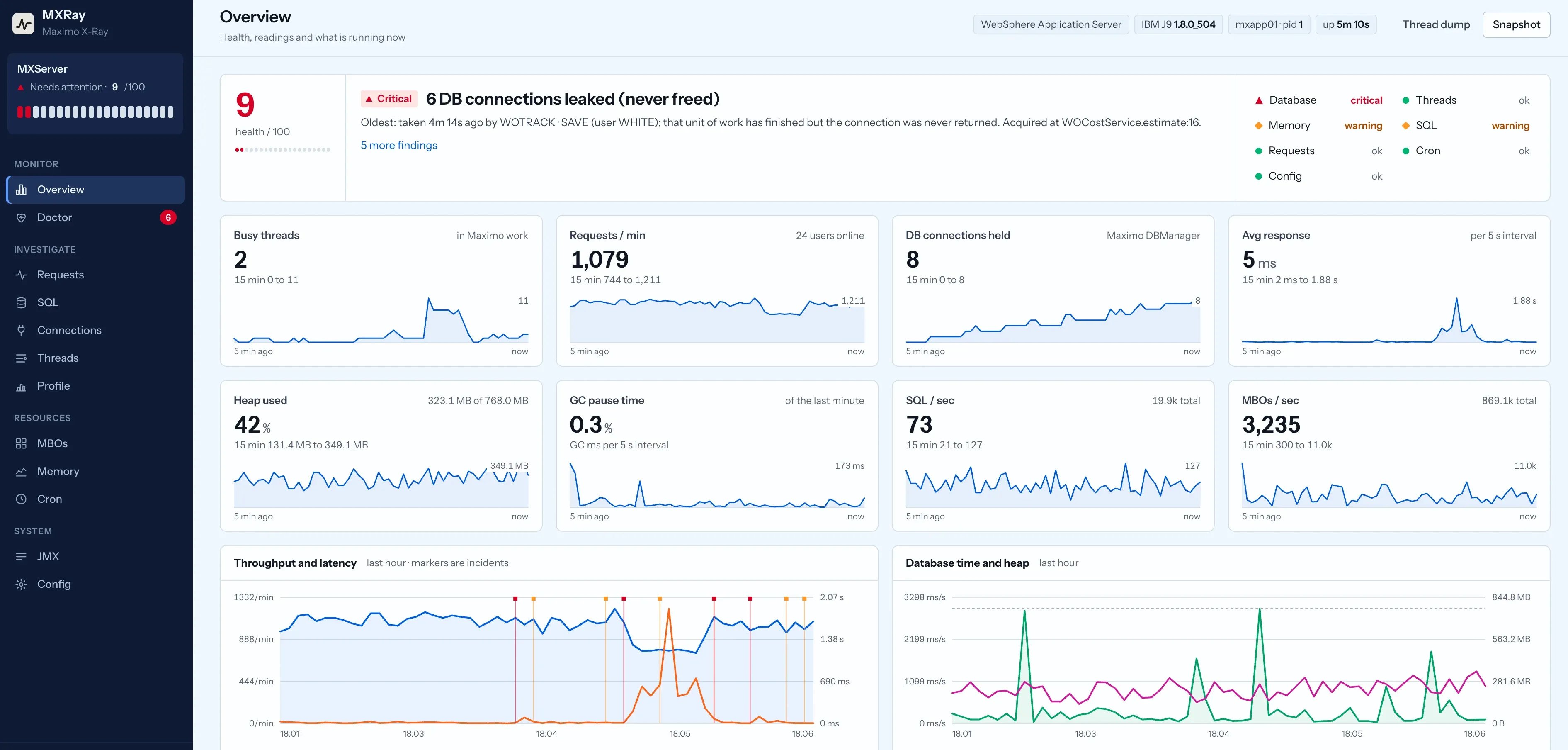 MXRay overview screen showing a health score of 9 out of 100, a critical finding for six leaked database connections and live charts for threads, requests, connections, heap, GC and SQL.