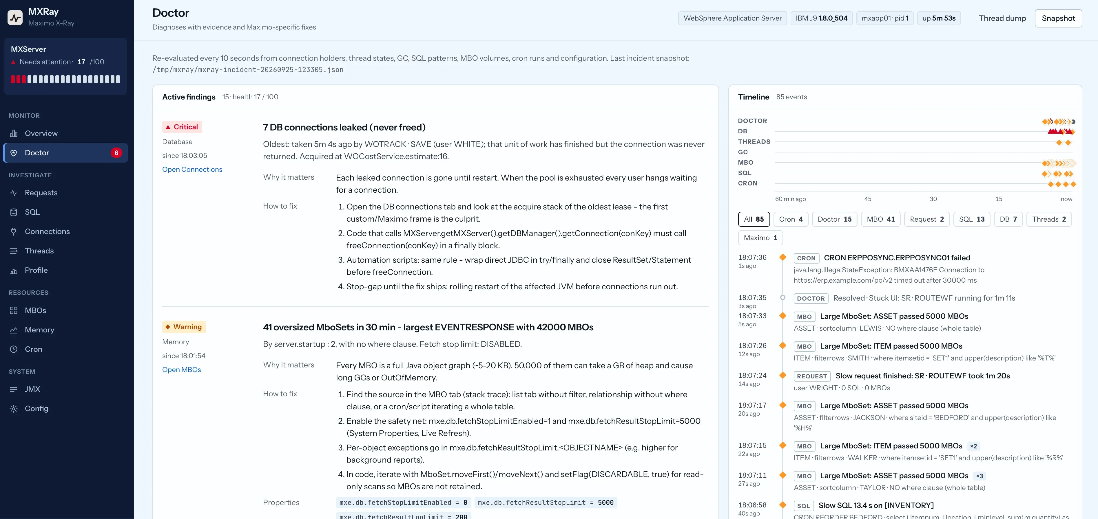 MXRay Doctor screen with a critical finding for leaked database connections, its evidence, why it matters and numbered fix steps, plus a warning for oversized MboSets with the fetch stop limit disabled and an incident timeline.