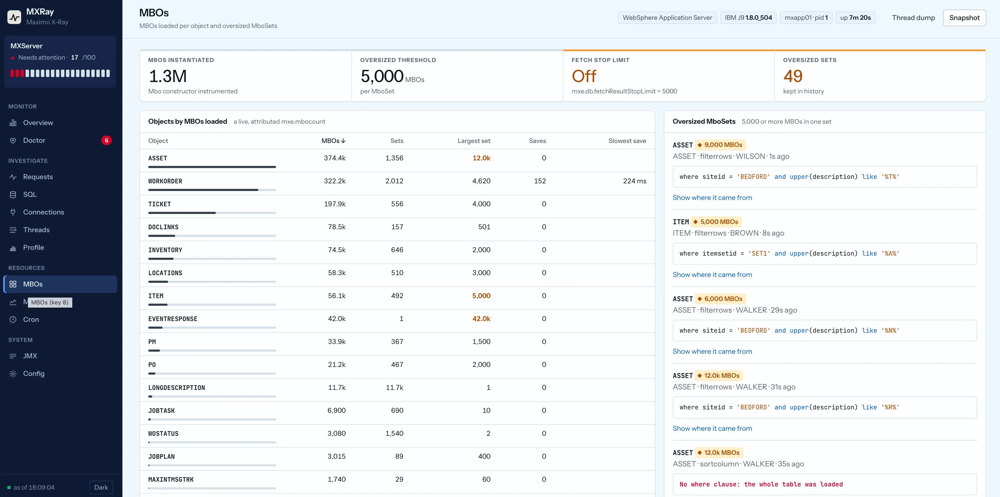 MXRay MBOs screen: MBOs instantiated per object, the fetch stop limit shown as off, and oversized MboSets with object, count, user and where clause.