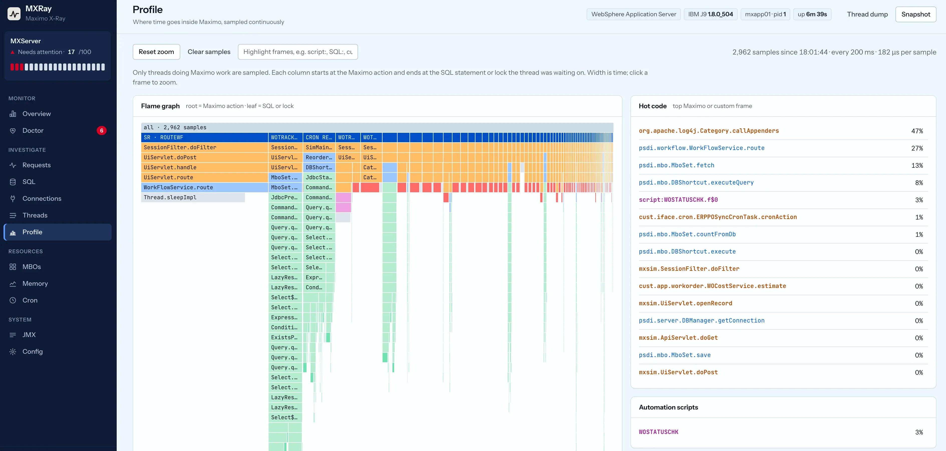 MXRay Profile screen: a flame graph rooted at Maximo actions and a hot code list led by the log4j appender, with an automation script listed separately.